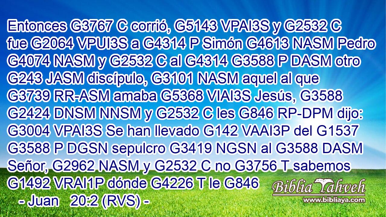 Entonces G3767 C corrió, G5143 VPAI3S y G2532 C fue G2064 VPUI3S a G4314 P Simón G4613 NASM Pedro G4074 NASM y G2532 C al G4314 G3588 P DASM otro G243 JASM discípulo, G3101 NASM aquel al que G3739 RR-ASM amaba G5368 VIAI3S Jesús, G3588 G2424 DNSM NNSM y G2532 C les G846 RP-DPM dijo: G3004 VPAI3S Se han llevado G142 VAAI3P del G1537 G3588 P DGSN sepulcro G3419 NGSN al G3588 DASM Señor, G2962 NASM y G2532 C no G3756 T sabemos G1492 VRAI1P dónde G4226 T le G846 