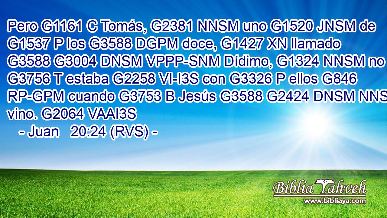Pero G1161 C Tomás, G2381 NNSM uno G1520 JNSM de G1537 P los G3588 DGPM doce, G1427 XN llamado G3588 G3004 DNSM VPPP-SNM Dídimo, G1324 NNSM no G3756 T estaba G2258 VI-I3S con G3326 P ellos G846 RP-GPM cuando G3753 B Jesús G3588 G2424 DNSM NNSM vino. G2064 VAAI3S 