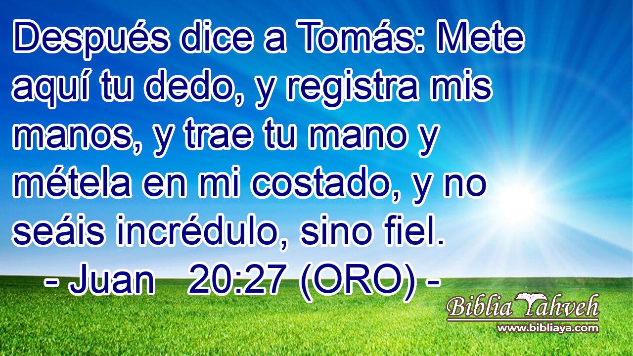  Después dice a Tomás: Mete aquí tu dedo, y registra mis manos, y trae tu mano y métela en mi costado, y no seáis incrédulo, sino fiel. 