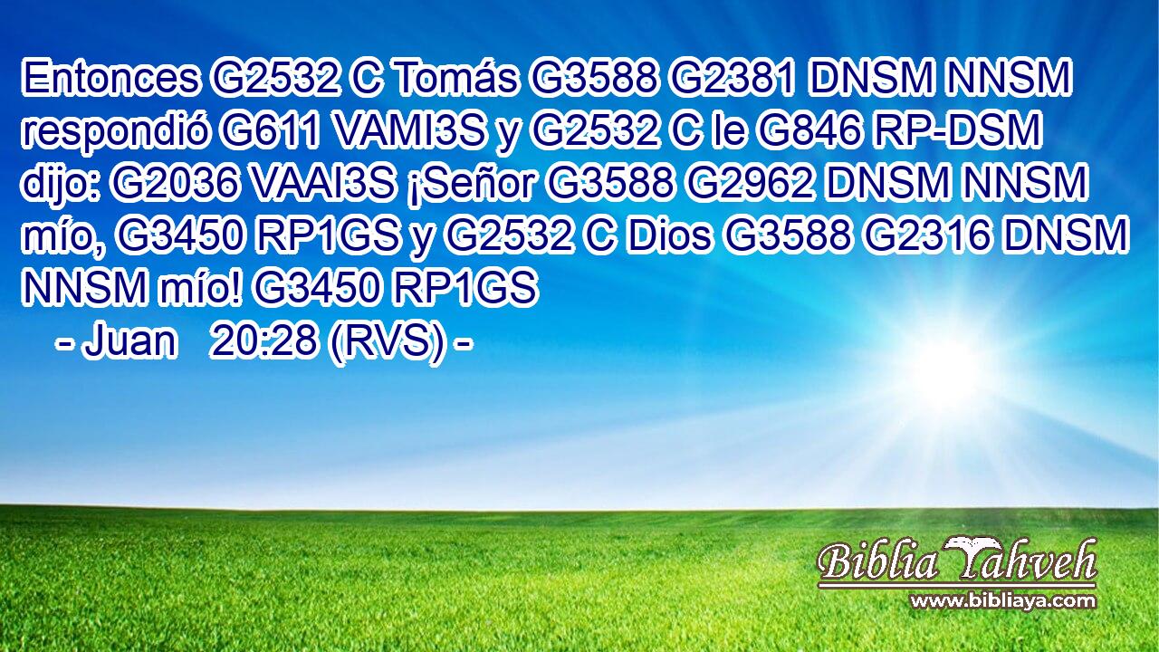 Entonces G2532 C Tomás G3588 G2381 DNSM NNSM respondió G611 VAMI3S y G2532 C le G846 RP-DSM dijo: G2036 VAAI3S ¡Señor G3588 G2962 DNSM NNSM mío, G3450 RP1GS y G2532 C Dios G3588 G2316 DNSM NNSM mío! G3450 RP1GS 