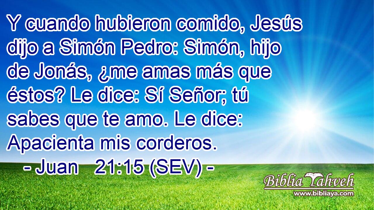 Y cuando hubieron comido, Jesús dijo a Simón Pedro: Simón, hijo de Jonás, ¿me amas más que éstos? Le dice: Sí Señor; tú sabes que te amo. Le dice: Apacienta mis corderos.