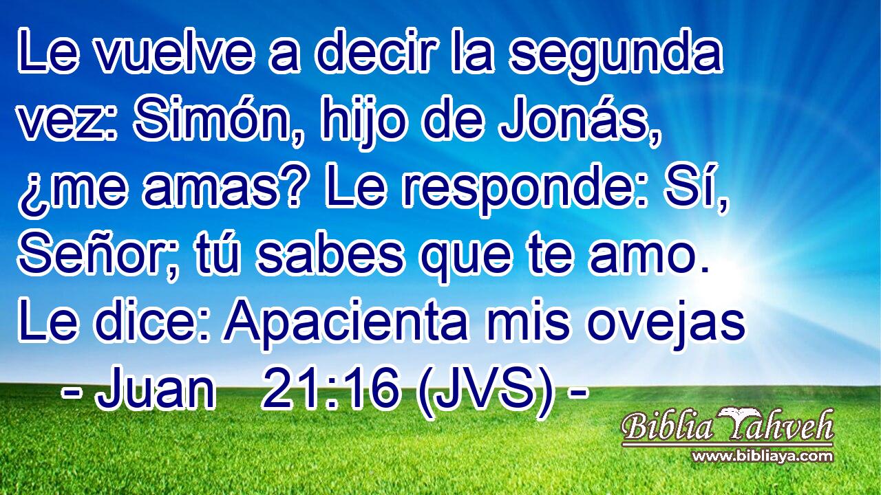 Le vuelve a decir la segunda vez: Simón, hijo de Jonás, ¿me amas? Le responde: Sí, Señor; tú sabes que te amo. Le dice: Apacienta mis ovejas