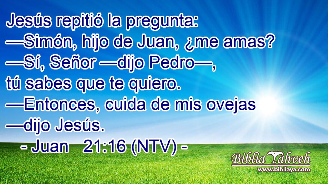 Jesús repitió la pregunta: —Simón, hijo de Juan, ¿me amas? —Sí, Señor —dijo Pedro—, tú sabes que te quiero. —Entonces, cuida de mis ovejas —dijo Jesús.