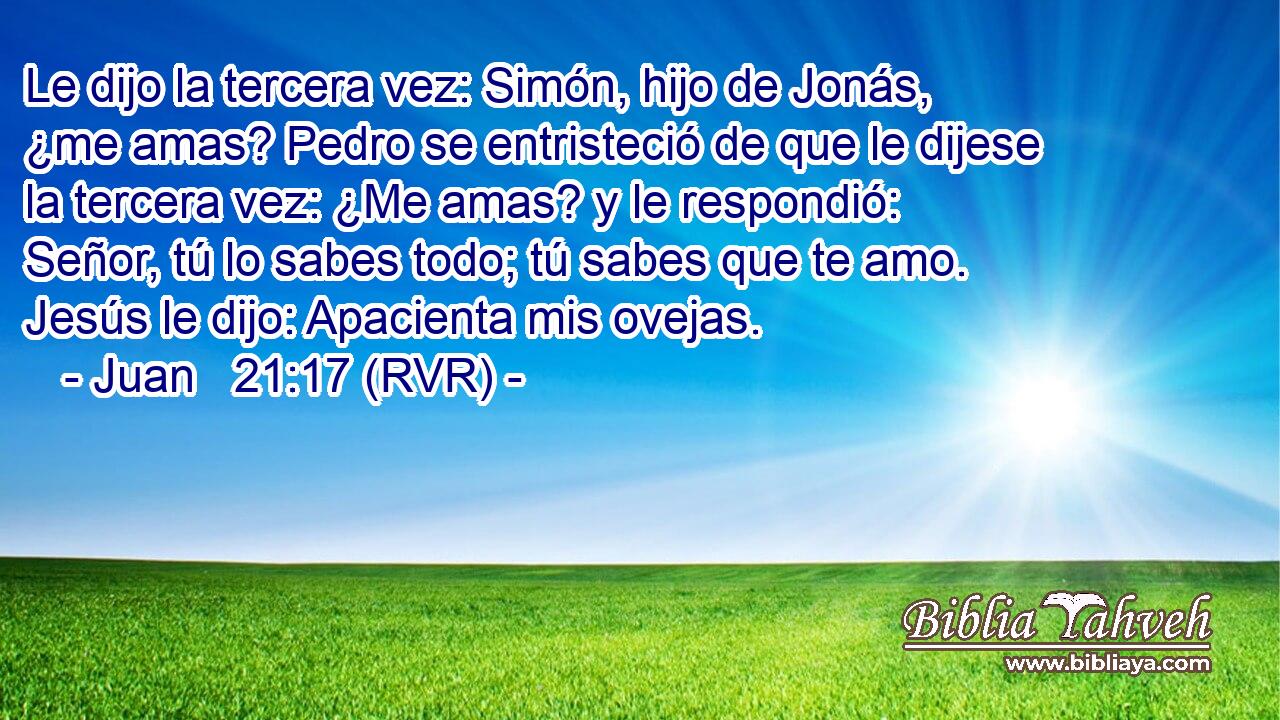 Le dijo la tercera vez: Simón, hijo de Jonás, ¿me amas? Pedro se entristeció de que le dijese la tercera vez: ¿Me amas? y le respondió: Señor, tú lo sabes todo; tú sabes que te amo. Jesús le dijo: Apacienta mis ovejas.