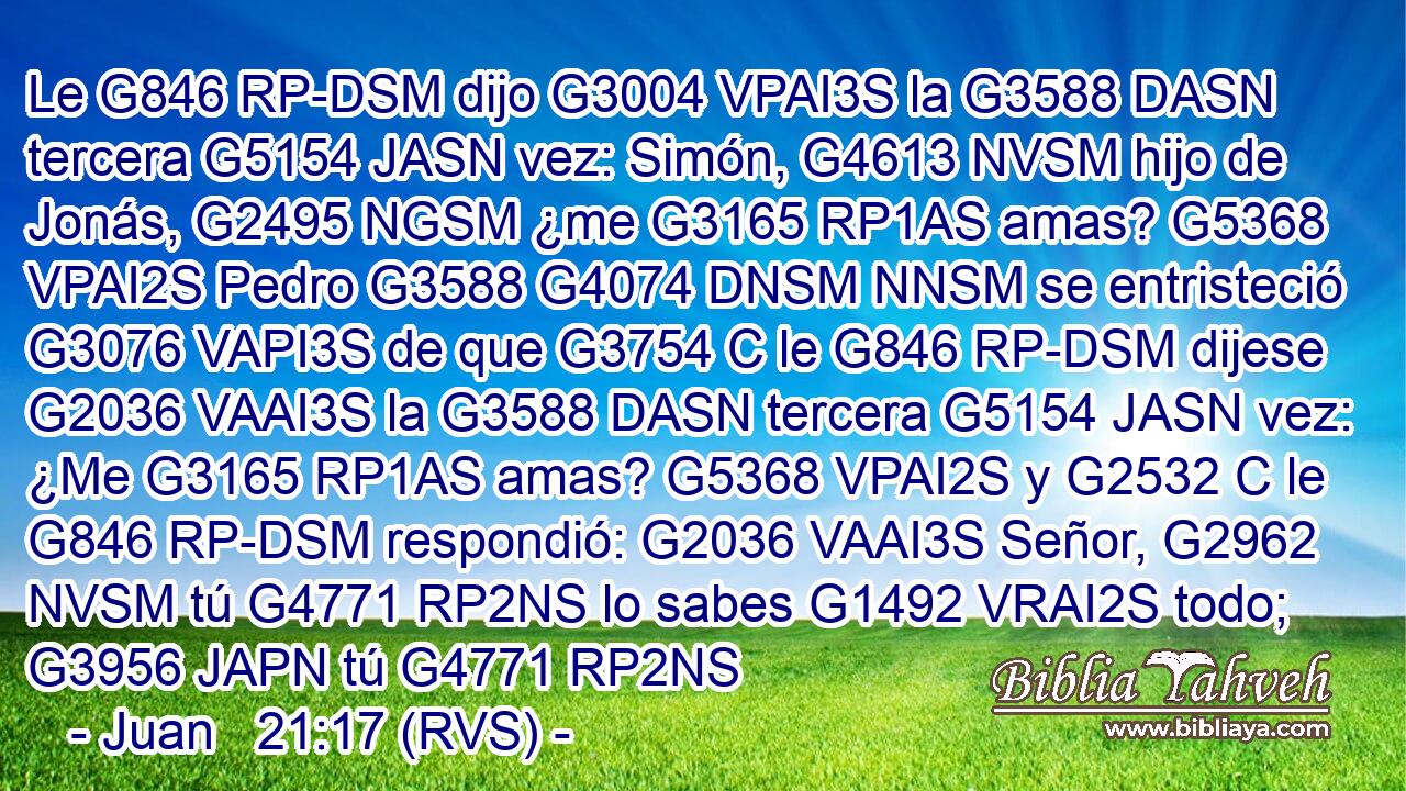 Le G846 RP-DSM dijo G3004 VPAI3S la G3588 DASN tercera G5154 JASN vez: Simón, G4613 NVSM hijo de Jonás, G2495 NGSM ¿me G3165 RP1AS amas? G5368 VPAI2S Pedro G3588 G4074 DNSM NNSM se entristeció G3076 VAPI3S de que G3754 C le G846 RP-DSM dijese G2036 VAAI3S la G3588 DASN tercera G5154 JASN vez: ¿Me G3165 RP1AS amas? G5368 VPAI2S y G2532 C le G846 RP-DSM respondió: G2036 VAAI3S Señor, G2962 NVSM tú G4771 RP2NS lo sabes G1492 VRAI2S todo; G3956 JAPN tú G4771 RP2NS