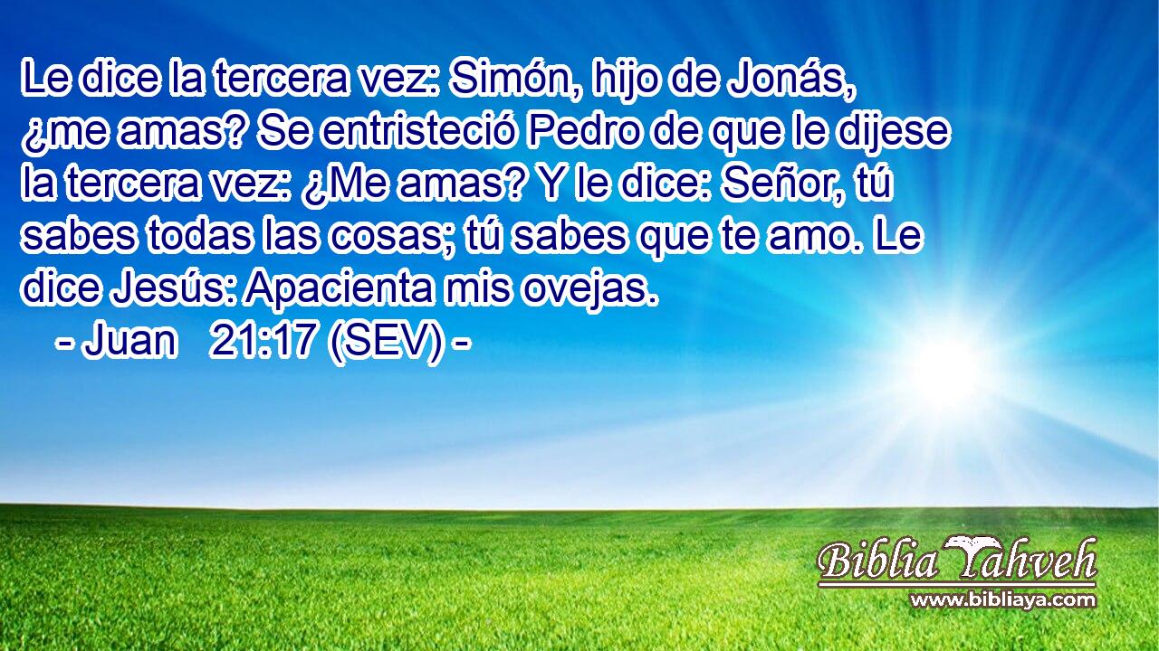 Le dice la tercera vez: Simón, hijo de Jonás, ¿me amas? Se entristeció Pedro de que le dijese la tercera vez: ¿Me amas? Y le dice: Señor, tú sabes todas las cosas; tú sabes que te amo. Le dice Jesús: Apacienta mis ovejas.