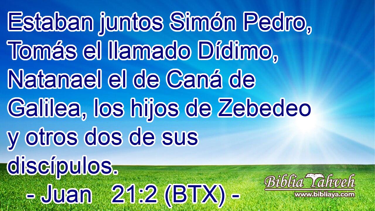 Estaban juntos Simón Pedro, Tomás el llamado Dídimo, Natanael el de Caná de Galilea, los hijos de Zebedeo y otros dos de sus discípulos.