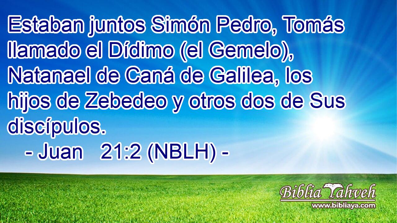  Estaban juntos Simón Pedro, Tomás llamado el Dídimo (el Gemelo), Natanael de Caná de Galilea, los hijos de Zebedeo y otros dos de Sus discípulos. 