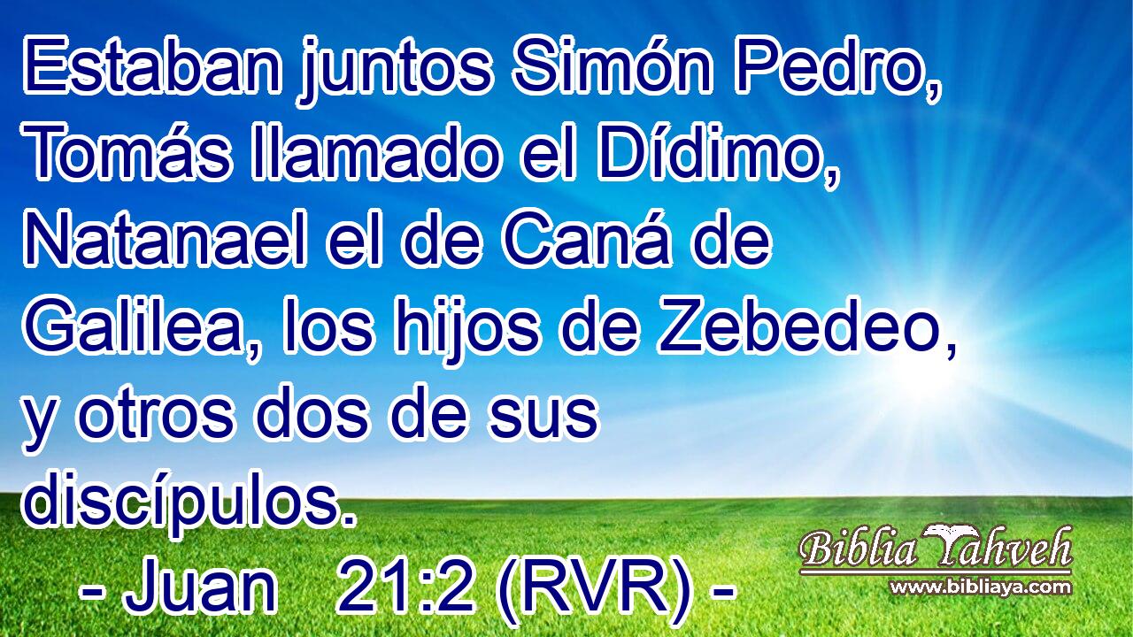 Estaban juntos Simón Pedro, Tomás llamado el Dídimo, Natanael el de Caná de Galilea, los hijos de Zebedeo, y otros dos de sus discípulos.