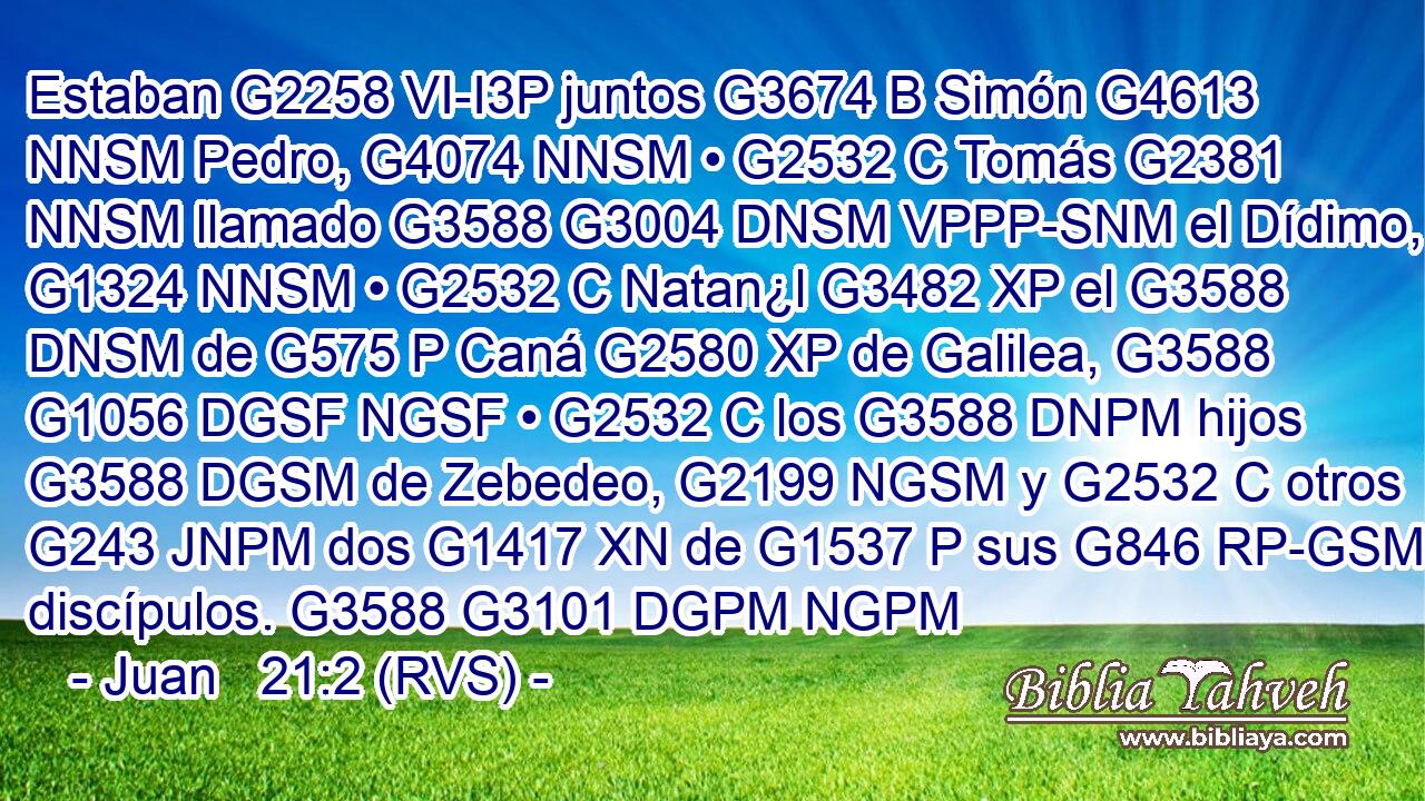 Estaban G2258 VI-I3P juntos G3674 B Simón G4613 NNSM Pedro, G4074 NNSM • G2532 C Tomás G2381 NNSM llamado G3588 G3004 DNSM VPPP-SNM el Dídimo, G1324 NNSM • G2532 C Natan¿l G3482 XP el G3588 DNSM de G575 P Caná G2580 XP de Galilea, G3588 G1056 DGSF NGSF • G2532 C los G3588 DNPM hijos G3588 DGSM de Zebedeo, G2199 NGSM y G2532 C otros G243 JNPM dos G1417 XN de G1537 P sus G846 RP-GSM discípulos. G3588 G3101 DGPM NGPM 