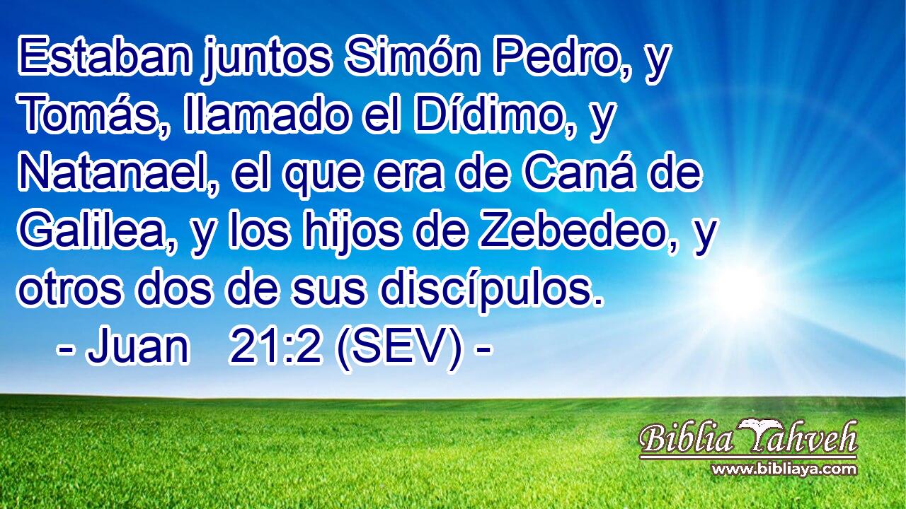 Estaban juntos Simón Pedro, y Tomás, llamado el Dídimo, y Natanael, el que era de Caná de Galilea, y los hijos de Zebedeo, y otros dos de sus discípulos.