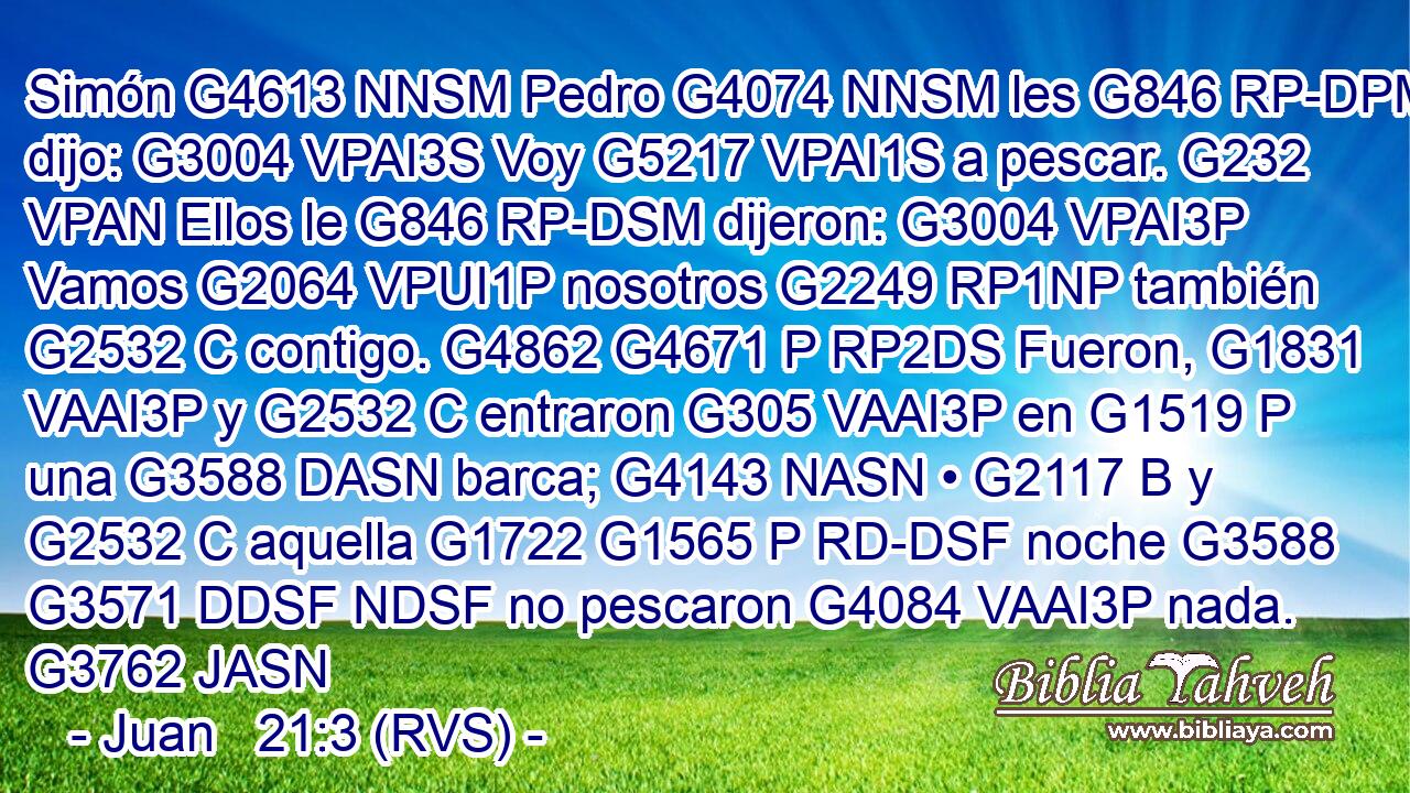 Simón G4613 NNSM Pedro G4074 NNSM les G846 RP-DPM dijo: G3004 VPAI3S Voy G5217 VPAI1S a pescar. G232 VPAN Ellos le G846 RP-DSM dijeron: G3004 VPAI3P Vamos G2064 VPUI1P nosotros G2249 RP1NP también G2532 C contigo. G4862 G4671 P RP2DS Fueron, G1831 VAAI3P y G2532 C entraron G305 VAAI3P en G1519 P una G3588 DASN barca; G4143 NASN • G2117 B y G2532 C aquella G1722 G1565 P RD-DSF noche G3588 G3571 DDSF NDSF no pescaron G4084 VAAI3P nada. G3762 JASN 