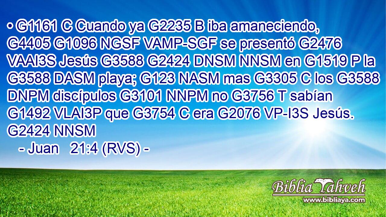 • G1161 C Cuando ya G2235 B iba amaneciendo, G4405 G1096 NGSF VAMP-SGF se presentó G2476 VAAI3S Jesús G3588 G2424 DNSM NNSM en G1519 P la G3588 DASM playa; G123 NASM mas G3305 C los G3588 DNPM discípulos G3101 NNPM no G3756 T sabían G1492 VLAI3P que G3754 C era G2076 VP-I3S Jesús. G2424 NNSM 