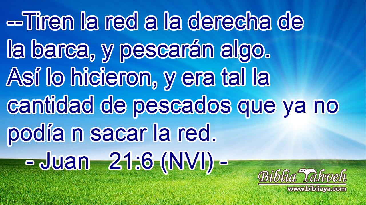  --Tiren la red a la derecha de la barca, y pescarán algo. Así lo hicieron, y era tal la cantidad de pescados que ya no podía n sacar la red. 