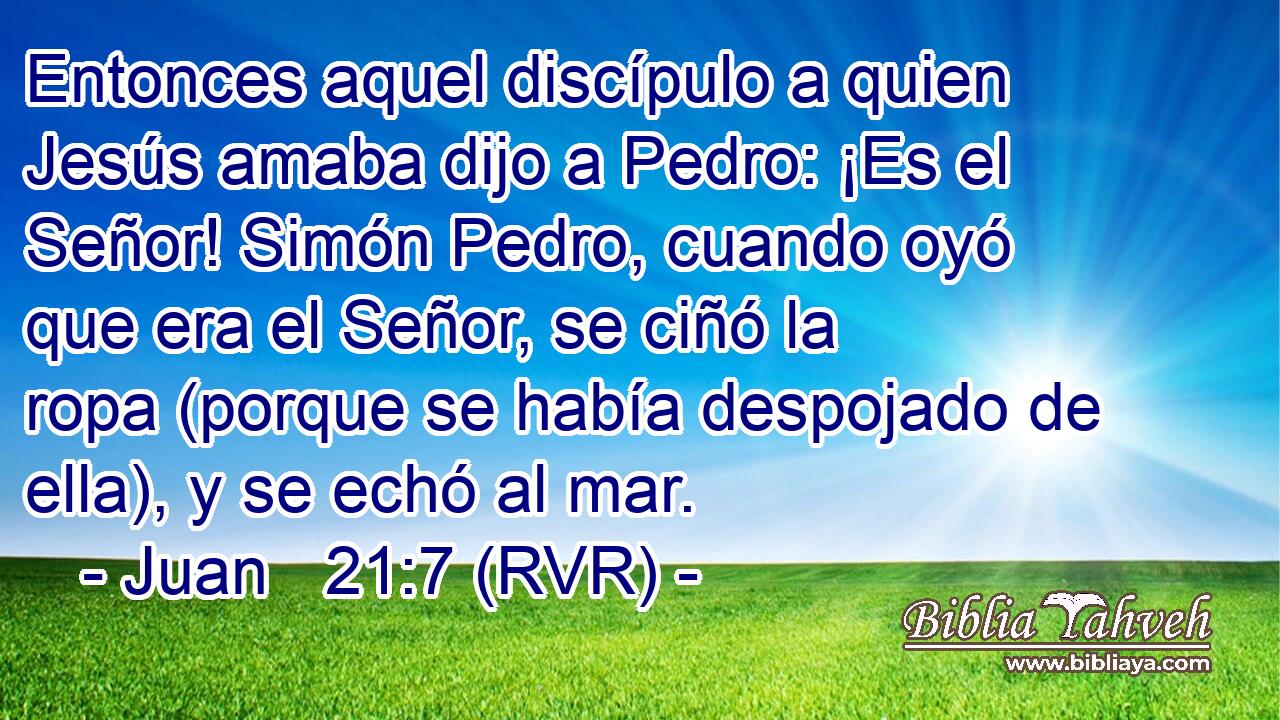 Entonces aquel discípulo a quien Jesús amaba dijo a Pedro: ¡Es el Señor! Simón Pedro, cuando oyó que era el Señor, se ciñó la ropa (porque se había despojado de ella), y se echó al mar.