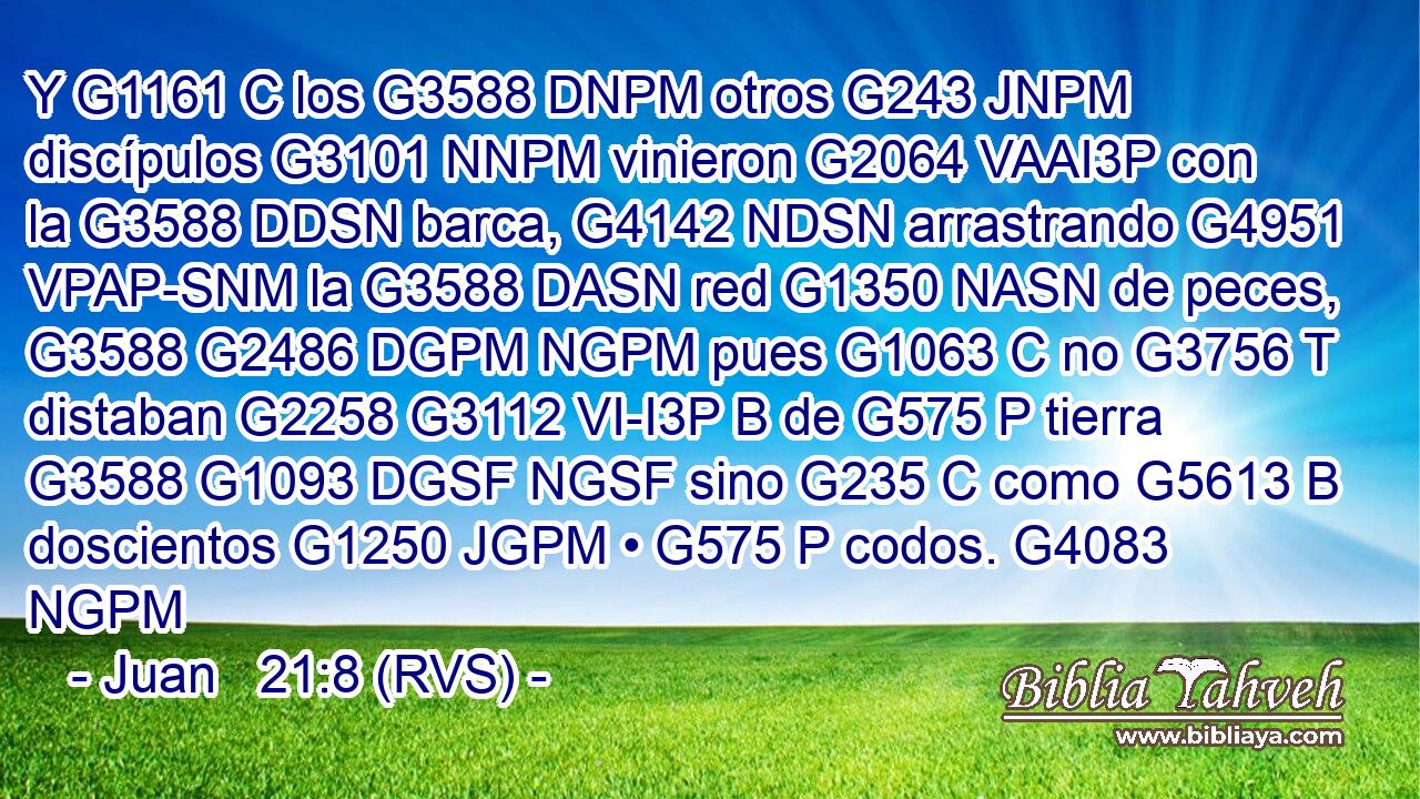 Y G1161 C los G3588 DNPM otros G243 JNPM discípulos G3101 NNPM vinieron G2064 VAAI3P con la G3588 DDSN barca, G4142 NDSN arrastrando G4951 VPAP-SNM la G3588 DASN red G1350 NASN de peces, G3588 G2486 DGPM NGPM pues G1063 C no G3756 T distaban G2258 G3112 VI-I3P B de G575 P tierra G3588 G1093 DGSF NGSF sino G235 C como G5613 B doscientos G1250 JGPM • G575 P codos. G4083 NGPM 