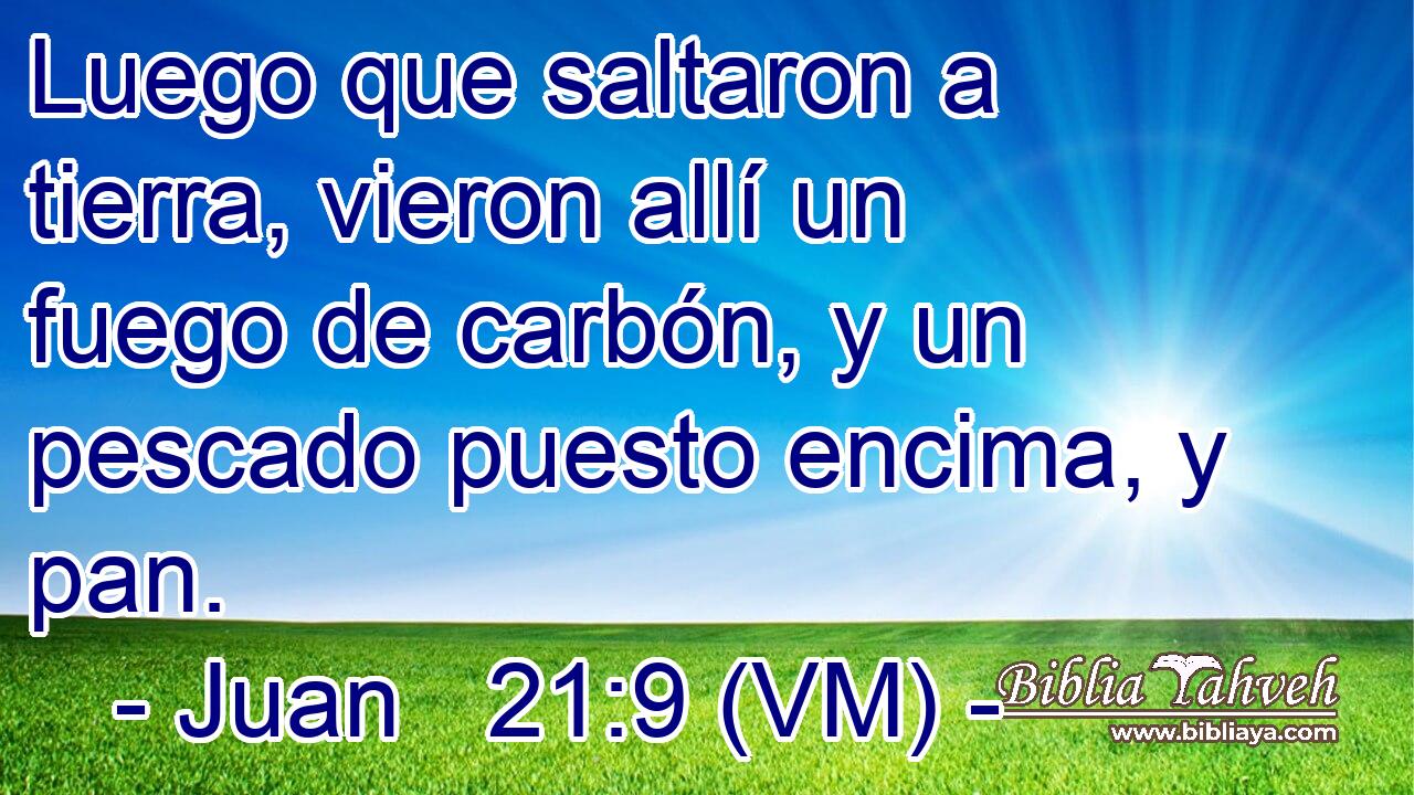  Luego que saltaron a tierra, vieron allí un fuego de carbón, y un pescado puesto encima, y pan. 
