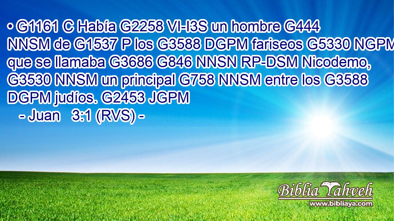 • G1161 C Había G2258 VI-I3S un hombre G444 NNSM de G1537 P los G3588 DGPM fariseos G5330 NGPM que se llamaba G3686 G846 NNSN RP-DSM Nicodemo, G3530 NNSM un principal G758 NNSM entre los G3588 DGPM judíos. G2453 JGPM 