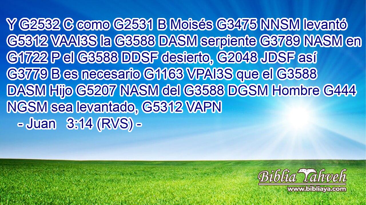 Y G2532 C como G2531 B Moisés G3475 NNSM levantó G5312 VAAI3S la G3588 DASM serpiente G3789 NASM en G1722 P el G3588 DDSF desierto, G2048 JDSF así G3779 B es necesario G1163 VPAI3S que el G3588 DASM Hijo G5207 NASM del G3588 DGSM Hombre G444 NGSM sea levantado, G5312 VAPN 