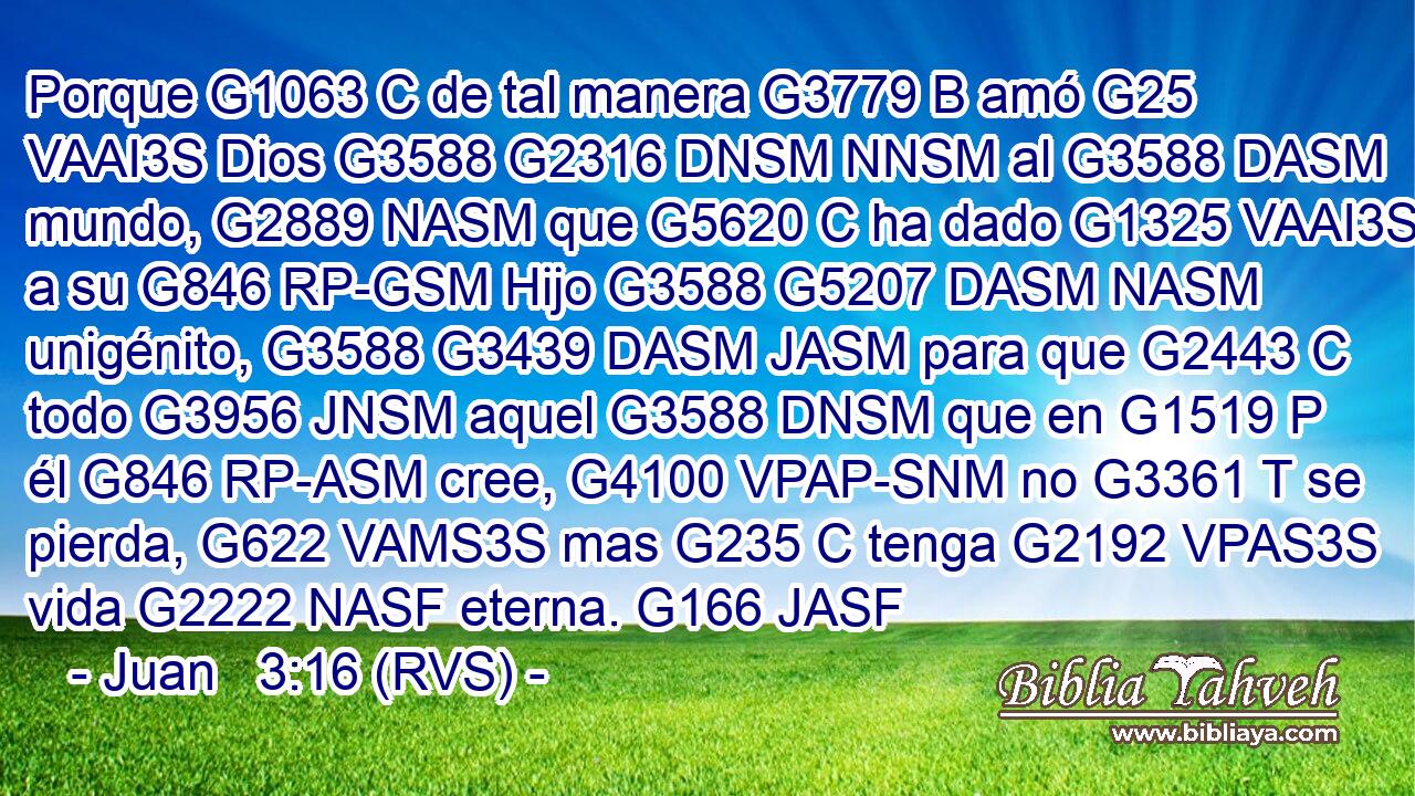 Porque G1063 C de tal manera G3779 B amó G25 VAAI3S Dios G3588 G2316 DNSM NNSM al G3588 DASM mundo, G2889 NASM que G5620 C ha dado G1325 VAAI3S a su G846 RP-GSM Hijo G3588 G5207 DASM NASM unigénito, G3588 G3439 DASM JASM para que G2443 C todo G3956 JNSM aquel G3588 DNSM que en G1519 P él G846 RP-ASM cree, G4100 VPAP-SNM no G3361 T se pierda, G622 VAMS3S mas G235 C tenga G2192 VPAS3S vida G2222 NASF eterna. G166 JASF 