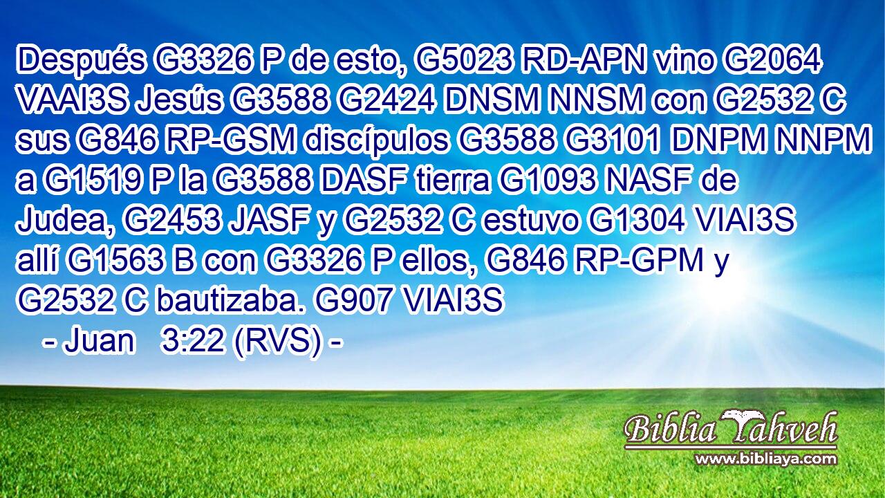 Después G3326 P de esto, G5023 RD-APN vino G2064 VAAI3S Jesús G3588 G2424 DNSM NNSM con G2532 C sus G846 RP-GSM discípulos G3588 G3101 DNPM NNPM a G1519 P la G3588 DASF tierra G1093 NASF de Judea, G2453 JASF y G2532 C estuvo G1304 VIAI3S allí G1563 B con G3326 P ellos, G846 RP-GPM y G2532 C bautizaba. G907 VIAI3S 