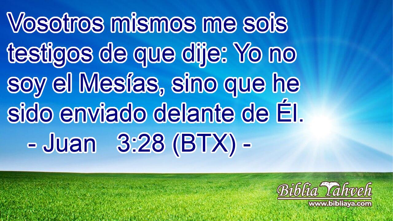 Vosotros mismos me sois testigos de que dije: Yo no soy el Mesías, sino que he sido enviado delante de Él.