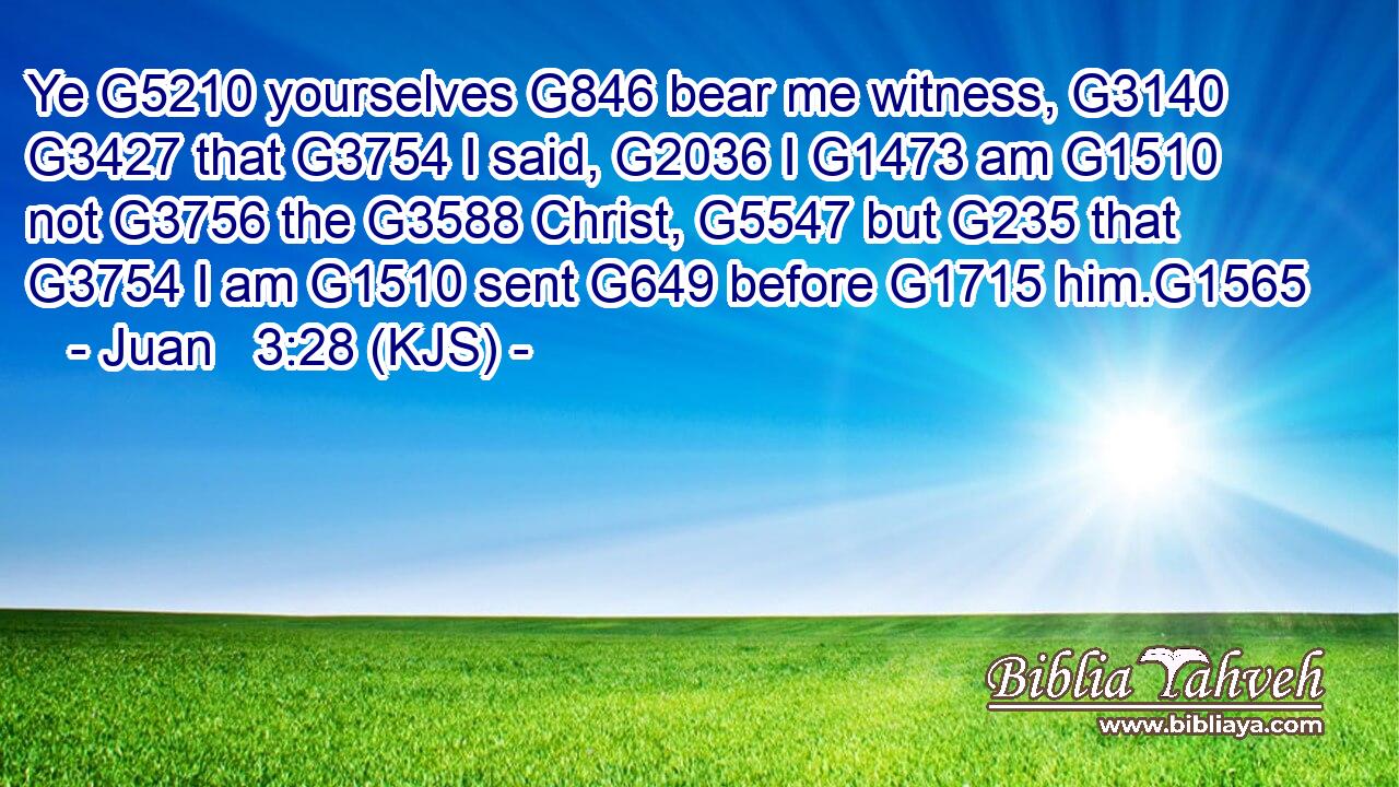 Ye G5210 yourselves G846 bear me witness, G3140  G3427 that G3754 I said, G2036 I G1473 am G1510 not G3756 the G3588 Christ, G5547 but G235 that G3754 I am G1510 sent G649 before G1715 him.G1565