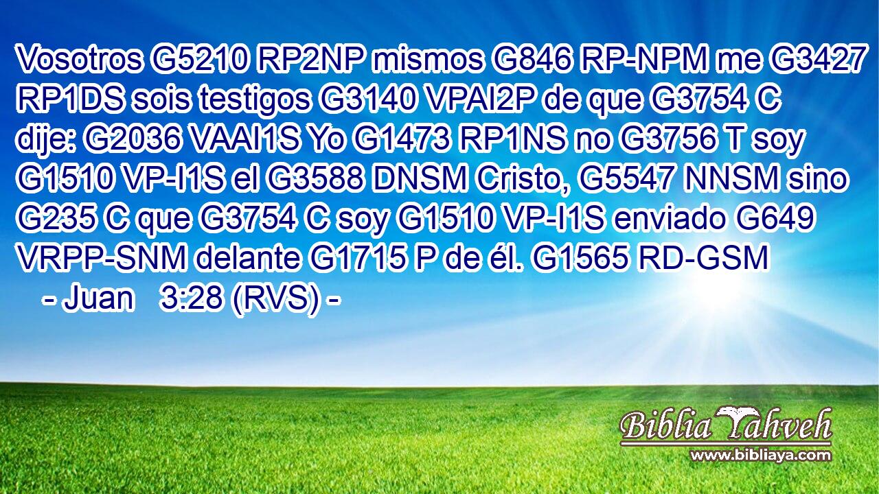 Vosotros G5210 RP2NP mismos G846 RP-NPM me G3427 RP1DS sois testigos G3140 VPAI2P de que G3754 C dije: G2036 VAAI1S Yo G1473 RP1NS no G3756 T soy G1510 VP-I1S el G3588 DNSM Cristo, G5547 NNSM sino G235 C que G3754 C soy G1510 VP-I1S enviado G649 VRPP-SNM delante G1715 P de él. G1565 RD-GSM 