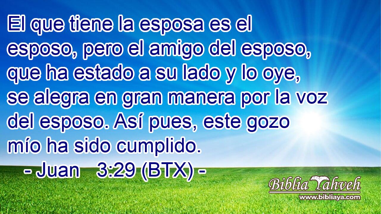 El que tiene la esposa es el esposo, pero el amigo del esposo, que ha estado a su lado y lo oye, se alegra en gran manera por la voz del esposo. Así pues, este gozo mío ha sido cumplido.