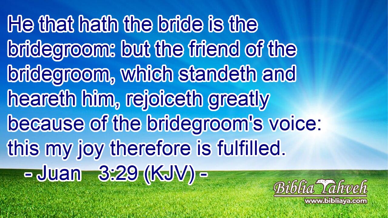 He that hath the bride is the bridegroom: but the friend of the bridegroom, which standeth and heareth him, rejoiceth greatly because of the bridegroom's voice: this my joy therefore is fulfilled.