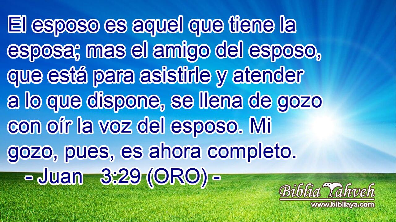  El esposo es aquel que tiene la esposa; mas el amigo del esposo, que está para asistirle y atender a lo que dispone, se llena de gozo con oír la voz del esposo. Mi gozo, pues, es ahora completo. 