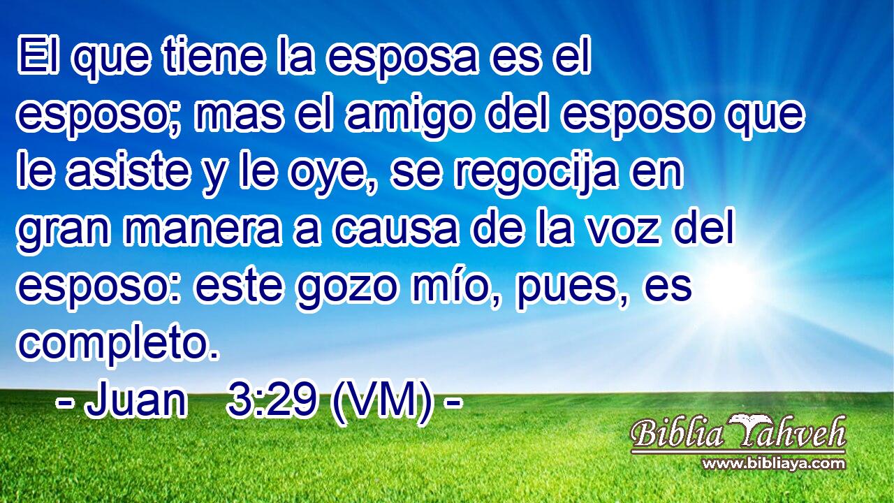 El que tiene la esposa es el esposo; mas el amigo del esposo que le asiste y le oye, se regocija en gran manera a causa de la voz del esposo: este gozo mío, pues, es completo. 