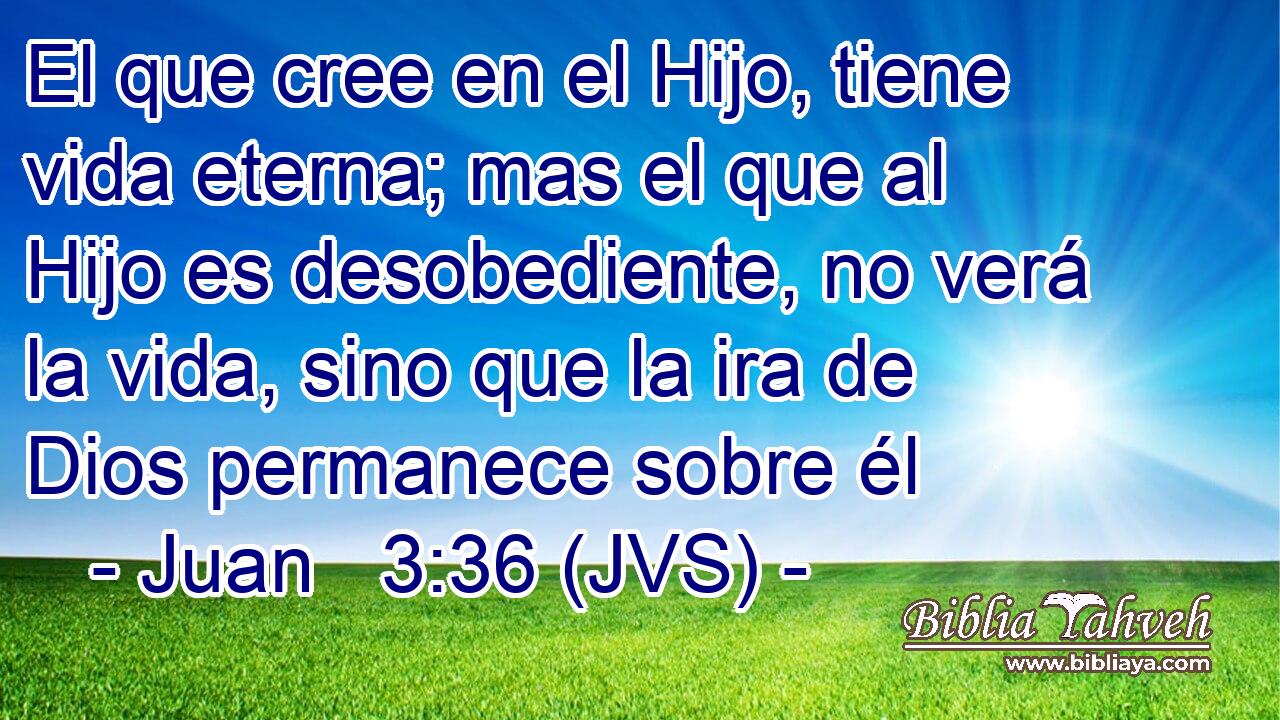 El que cree en el Hijo, tiene vida eterna; mas el que al Hijo es desobediente, no verá la vida, sino que la ira de Dios permanece sobre él