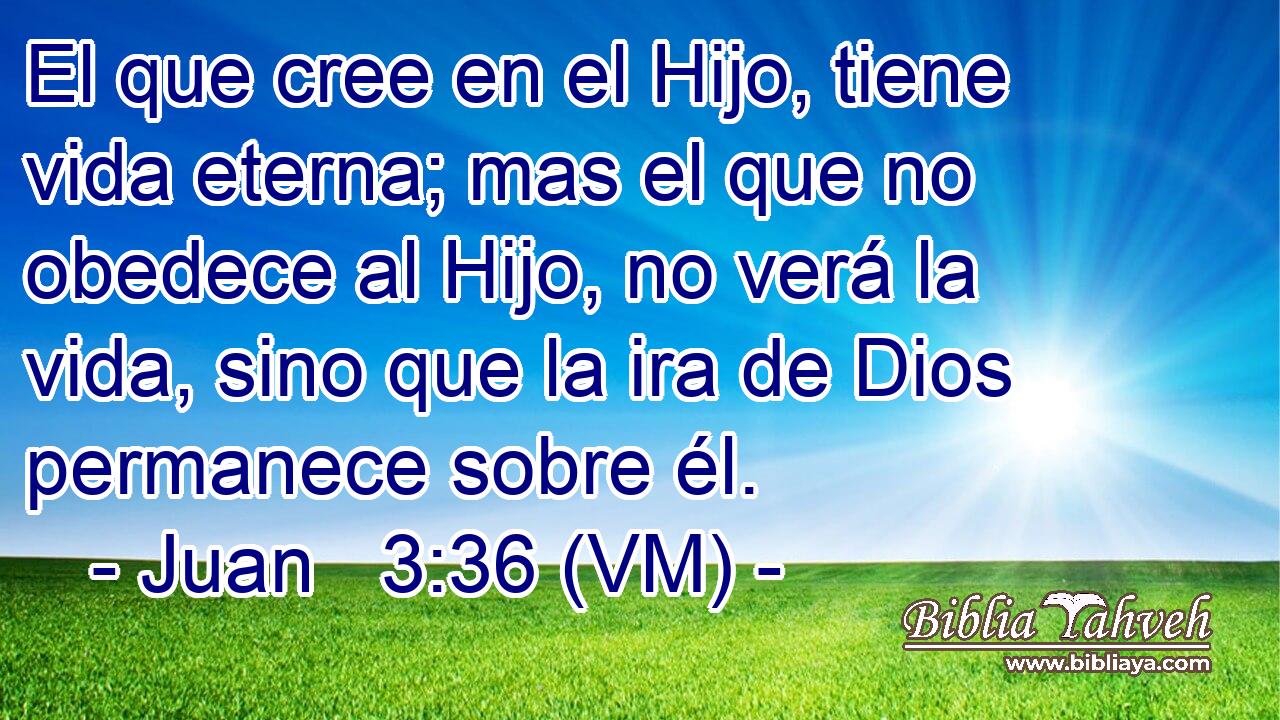  El que cree en el Hijo, tiene vida eterna; mas el que no obedece al Hijo, no verá la vida, sino que la ira de Dios permanece sobre él. 