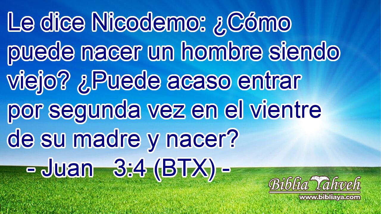 Le dice Nicodemo: ¿Cómo puede nacer un hombre siendo viejo? ¿Puede acaso entrar por segunda vez en el vientre de su madre y nacer?