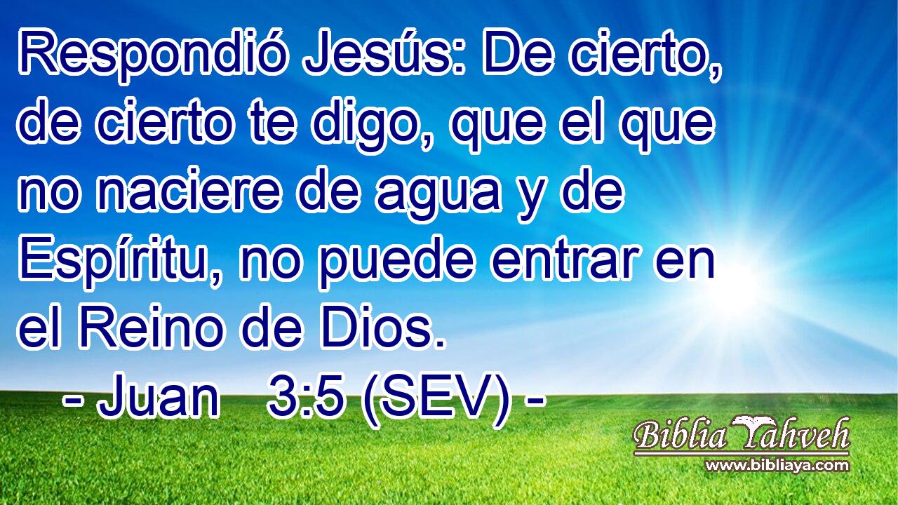 Respondió Jesús: De cierto, de cierto te digo, que el que no naciere de agua y de Espíritu, no puede entrar en el Reino de Dios.