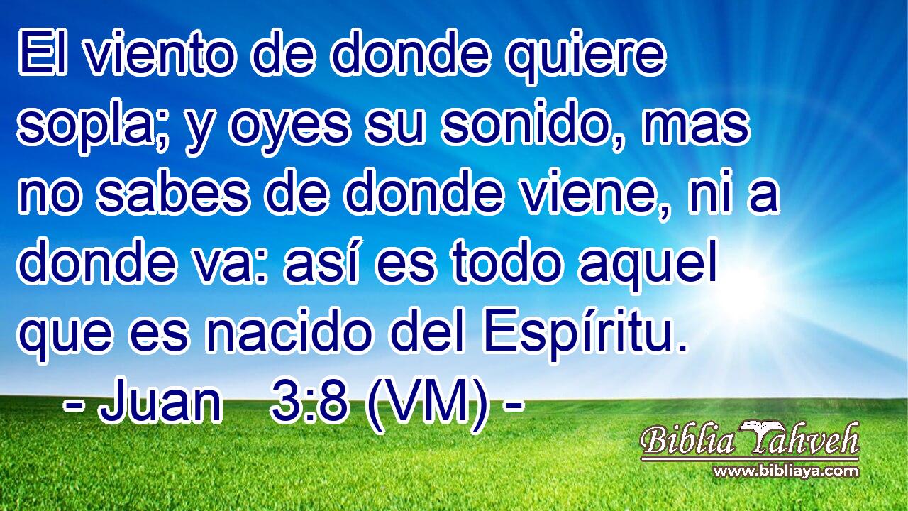  El viento de donde quiere sopla; y oyes su sonido, mas no sabes de donde viene, ni a donde va: así es todo aquel que es nacido del Espíritu. 