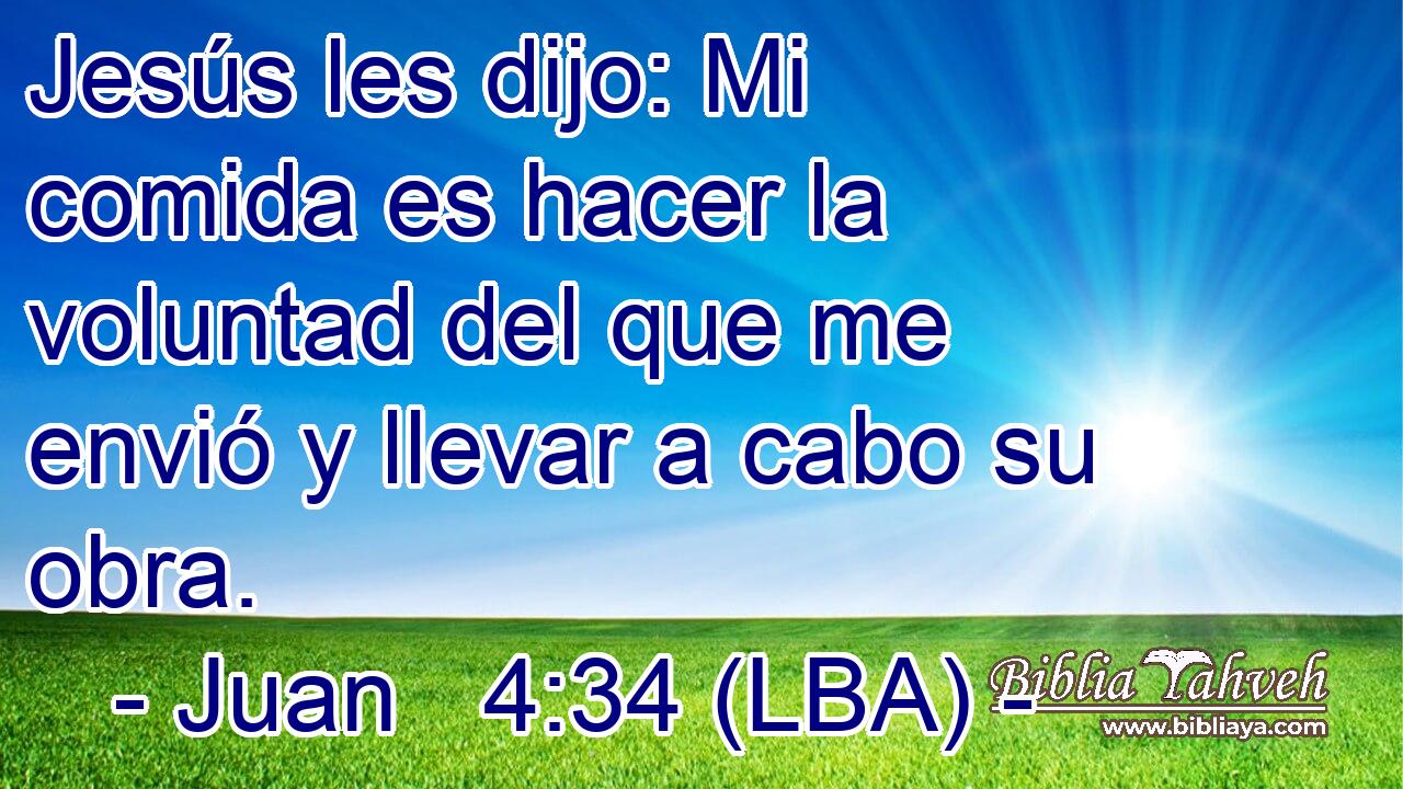 Jesús les dijo: Mi comida es hacer la voluntad del que me envió y llevar a cabo su obra.
