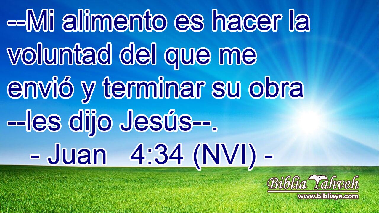  --Mi alimento es hacer la voluntad del que me envió y terminar su obra --les dijo Jesús--. 