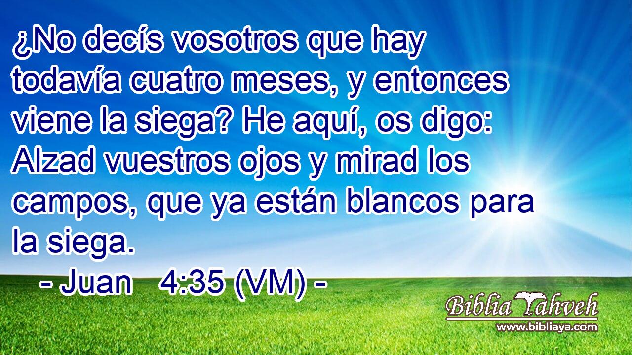  ¿No decís vosotros que hay todavía cuatro meses, y entonces viene la siega? He aquí, os digo: Alzad vuestros ojos y mirad los campos, que ya están blancos para la siega. 