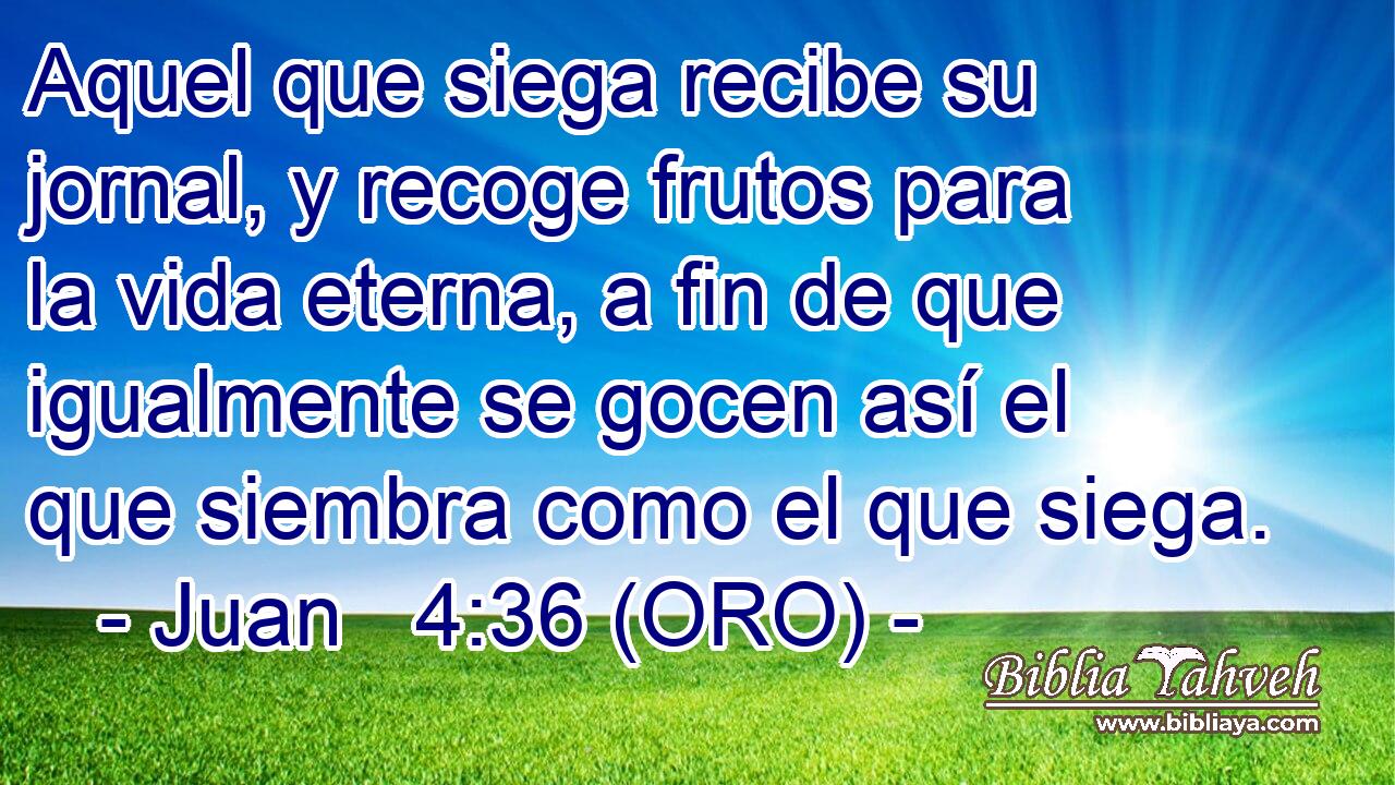  Aquel que siega recibe su jornal, y recoge frutos para la vida eterna, a fin de que igualmente se gocen así el que siembra como el que siega. 