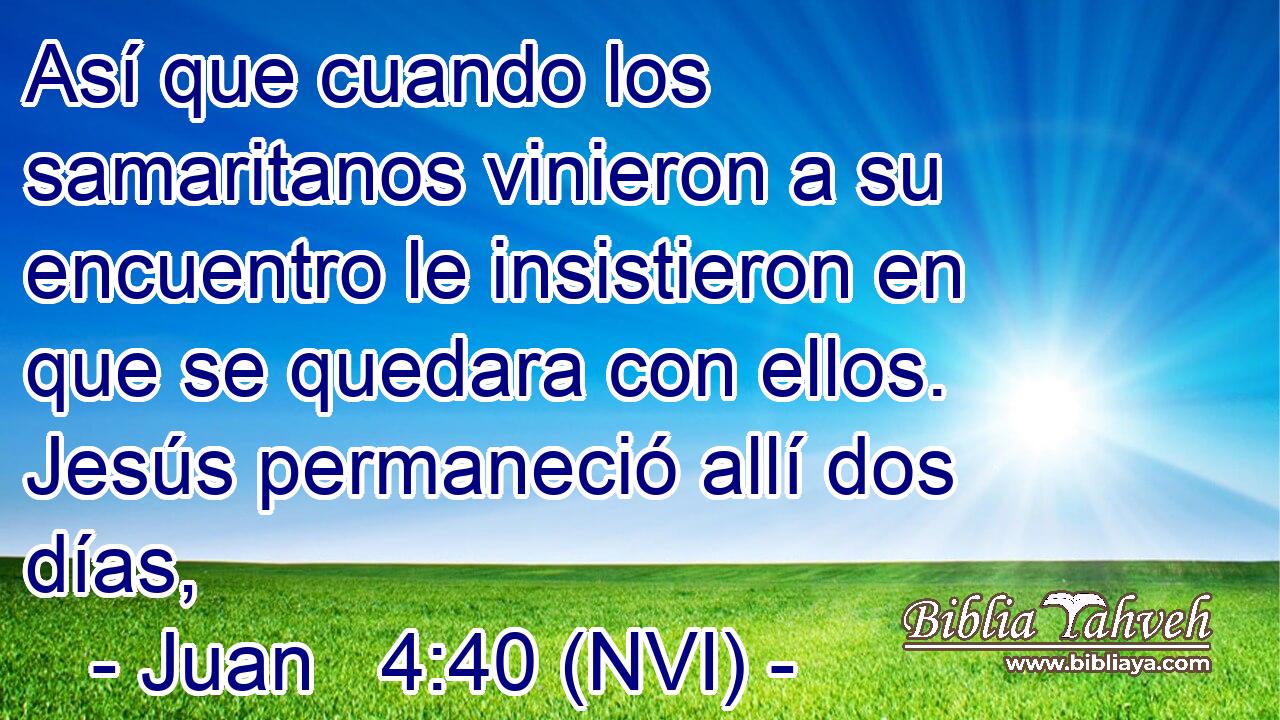  Así que cuando los samaritanos vinieron a su encuentro le insistieron en que se quedara con ellos. Jesús permaneció allí dos días, 