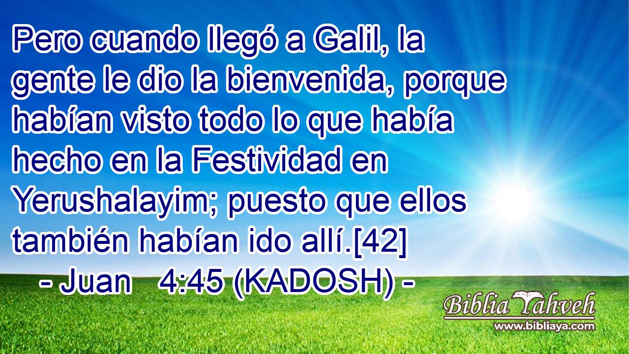  Pero cuando llegó a Galil, la gente le dio la bienvenida, porque habían visto todo lo que había hecho en la Festividad en Yerushalayim; puesto que ellos también habían ido allí.[42] 