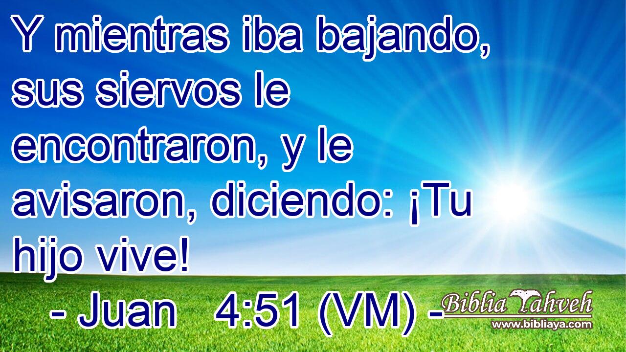 Y mientras iba bajando, sus siervos le encontraron, y le avisaron, diciendo: ¡Tu hijo vive! 