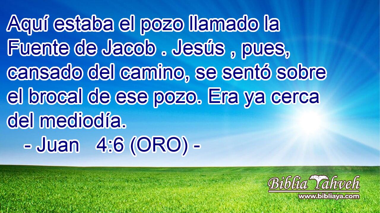  Aquí estaba el pozo llamado la Fuente de Jacob . Jesús , pues, cansado del camino, se sentó sobre el brocal de ese pozo. Era ya cerca del mediodía. 