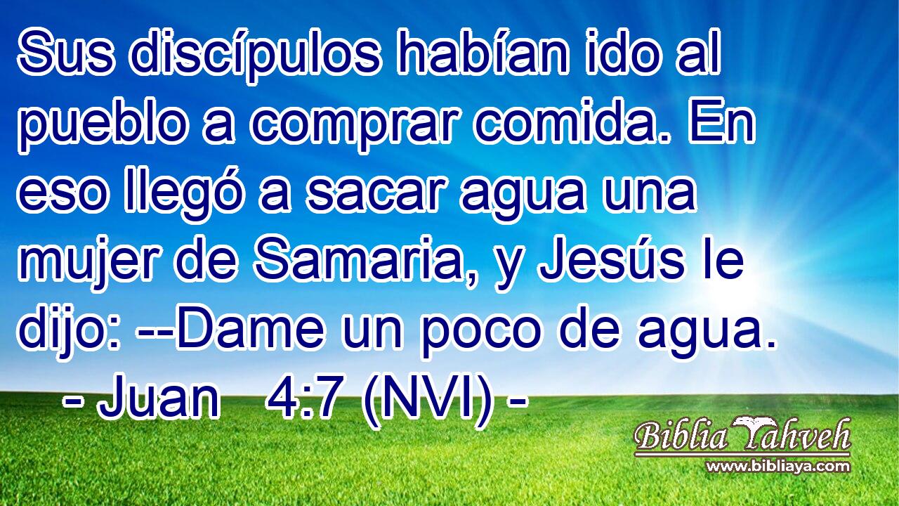  Sus discípulos habían ido al pueblo a comprar comida. En eso llegó a sacar agua una mujer de Samaria, y Jesús le dijo: --Dame un poco de agua. 