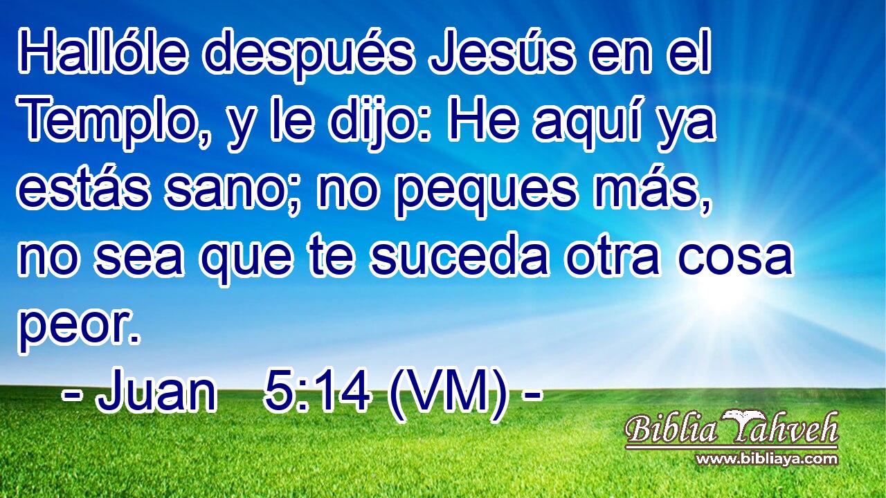  Hallóle después Jesús en el Templo, y le dijo: He aquí ya estás sano; no peques más, no sea que te suceda otra cosa peor. 