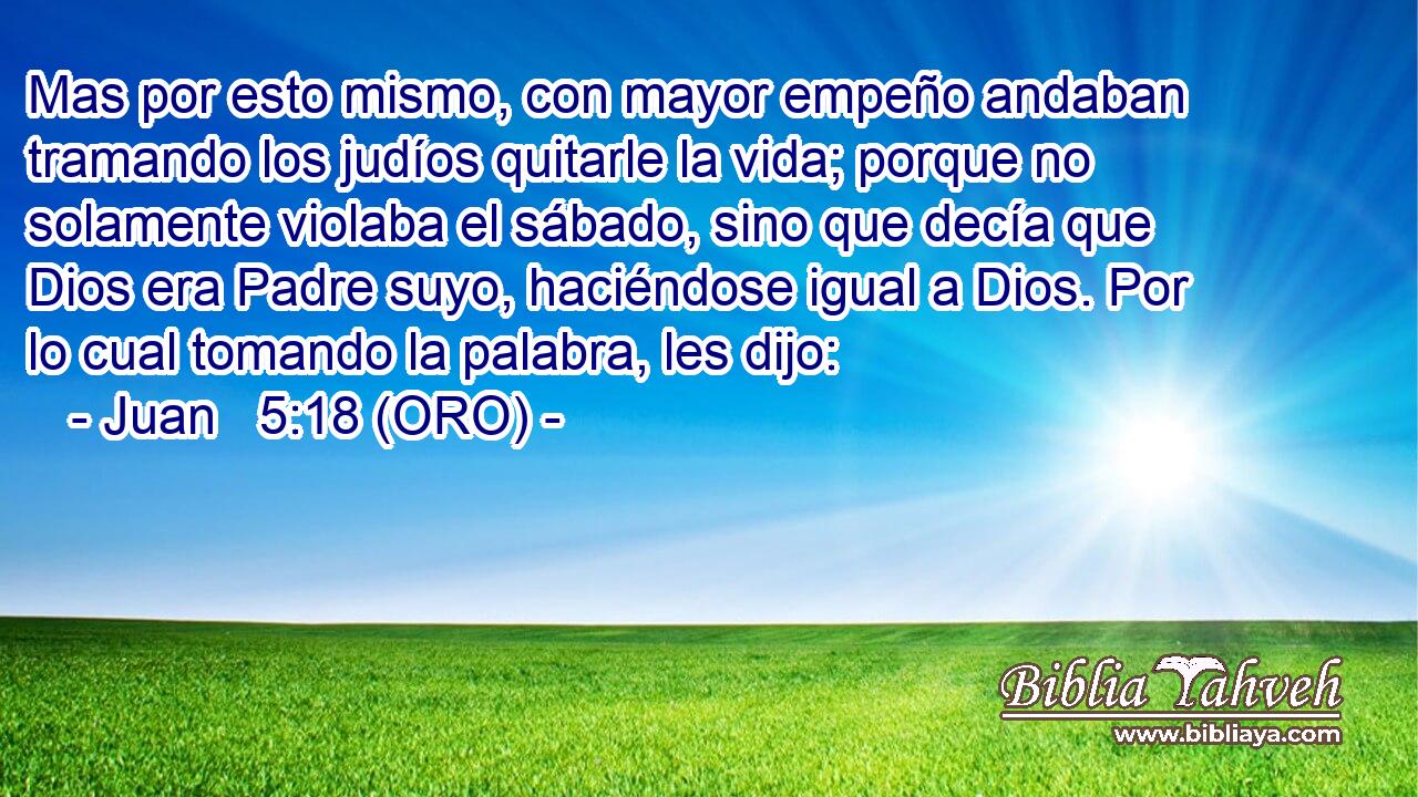  Mas por esto mismo, con mayor empeño andaban tramando los judíos quitarle la vida; porque no solamente violaba el sábado, sino que decía que Dios era Padre suyo, haciéndose igual a Dios. Por lo cual tomando la palabra, les dijo: 