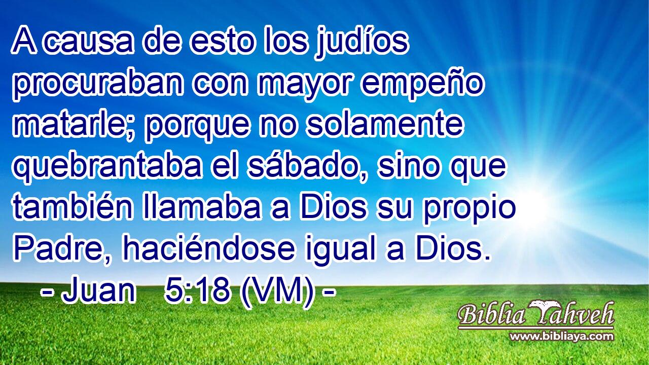  A causa de esto los judíos procuraban con mayor empeño matarle; porque no solamente quebrantaba el sábado, sino que también llamaba a Dios su propio Padre, haciéndose igual a Dios. 