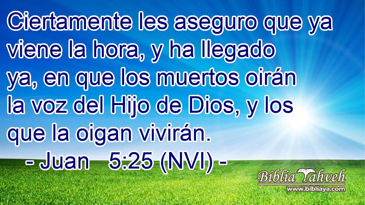 Ciertamente les aseguro que ya viene la hora, y ha llegado ya, en que los muertos oirán la voz del Hijo de Dios, y los que la oigan vivirán. 